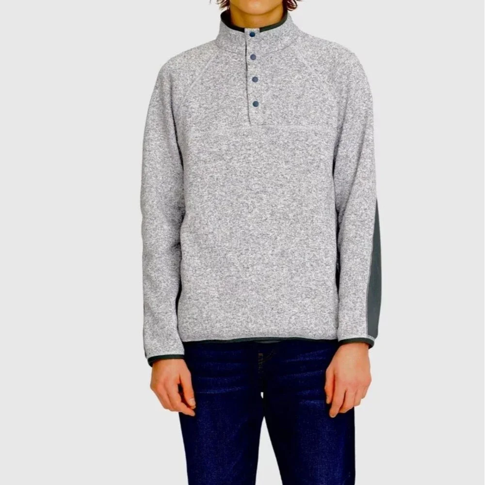 J.Crew Sweater Fleece Button Mock neck Pullover Sweatshirt Light Grey Nordic XL